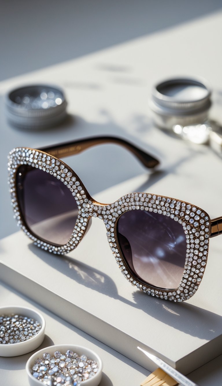 Close-up of rhinestone-covered sunglasses resting on a surface with rhinestone craft supplies nearby.